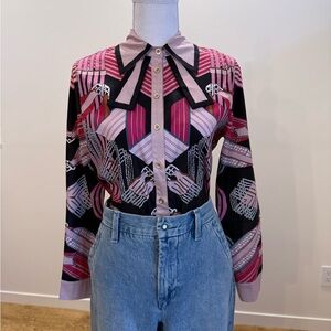Vintage 70s Eclectic Groovy Disco Tailored Button Down Blouse size Small
